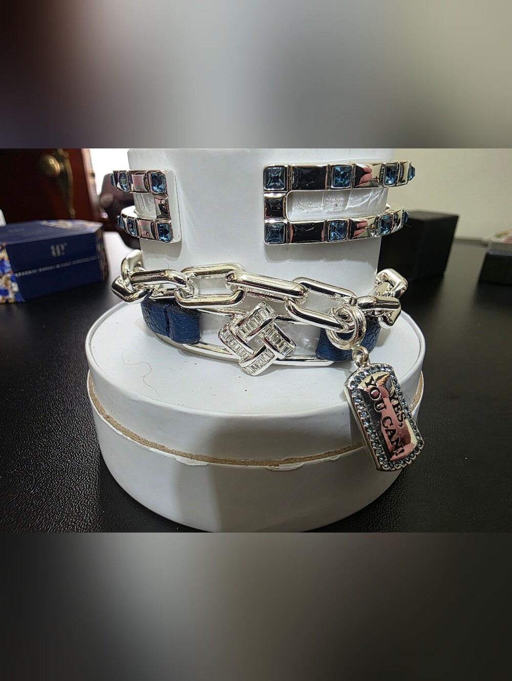 Silver Chain "Yes You Can" Bracelet Stack with Navy Leather Accents